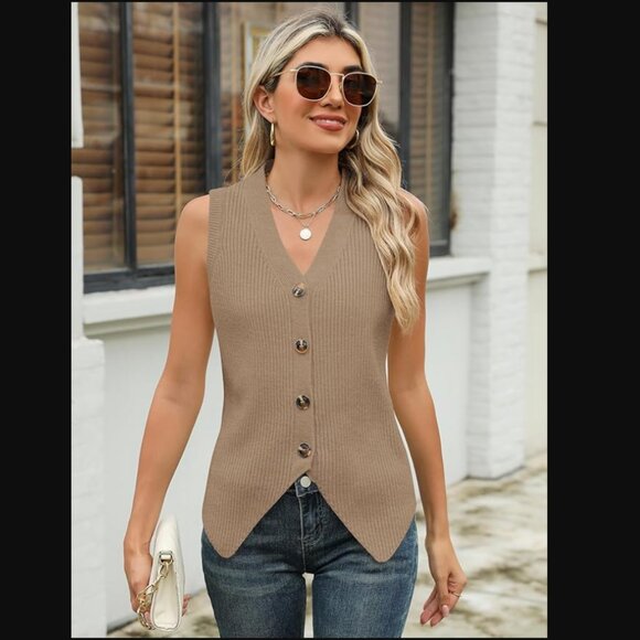 Rapbin Button Down Sleeveless Sweater Vest - Camel - Small - Picture 5 of 10